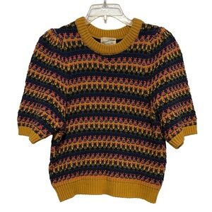 Women's Short-Sleeve Knit Sweater - Mustard Multicolored